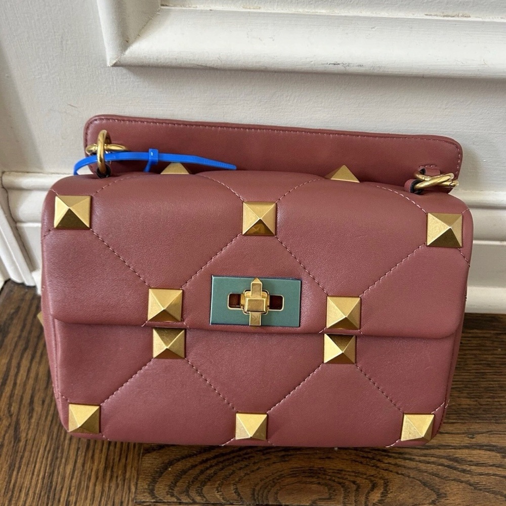 VALENTINO GARAVANI Quilted Leather Satchel Bag Roman Studs Turn Lock Medium